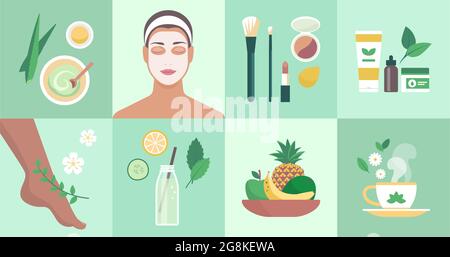Set di icone per la cura naturale del corpo e dei prodotti di bellezza Illustrazione Vettoriale