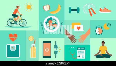 Stile di vita sano, prevenzione delle malattie e icone fitness Illustrazione Vettoriale