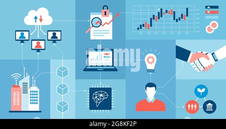 Tecnologia aziendale innovativa, intelligenza artificiale e rete dati Illustrazione Vettoriale