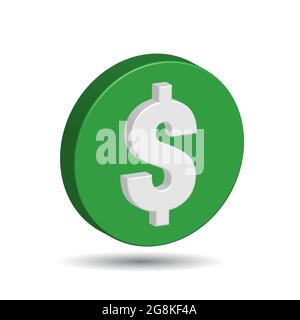 Moneta di plastica verde con il simbolo del dollaro USA isolato su sfondo bianco. Il simbolo della valuta degli Stati Uniti. Vettore 3D semplice e minimo Illustrazione Vettoriale