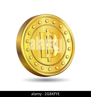 Illustrazione vettoriale 3D di Gold Thai Baht Coin isolato su sfondo bianco. Simbolo della valuta della Thailandia. THB Illustrazione Vettoriale