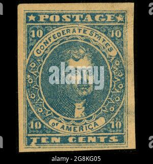 Francobolli confederati, blu 10 cent, numero generale 1861, tipo 2 francobollo raffigurante Thomas Jefferson stampato in blu. Servizio postale degli Stati confederati d'America. Foto Stock