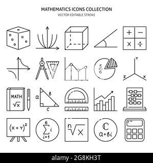 Icona matematica scienza impostata in stile linea. Raccolta di simboli matematici. Illustrazione vettoriale modificabile. Illustrazione Vettoriale