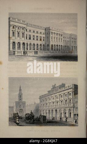 London King's College, Strand (Top) Somerset House, Strand (Bottom) dal libro Illustrated London, o una serie di viste nella metropoli britannica e nelle sue vicinanze, incise da Albert Henry Payne, da disegni originali. Le notizie storiche, topografiche e miscellanee di Bicknell, W. i; Payne, A. H. (Albert Henry), 1812-1902 pubblicato a Londra nel 1846 da E.T. Brain & Co Foto Stock