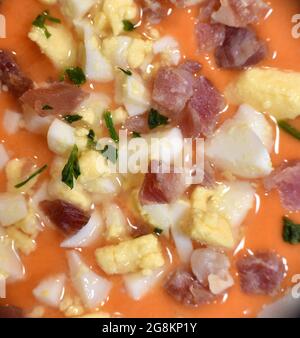 Macro vista di pezzi di uova sode e prosciutto a dadini in salmorejo. Zuppa di pomodoro con pangrattato, aglio, olio d'oliva e sale. Foto Stock