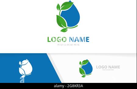Gocce di acqua biologica e logo delle foglie. Modello di progettazione per logotipo ecologico dell'acqua di alta qualità. Illustrazione Vettoriale