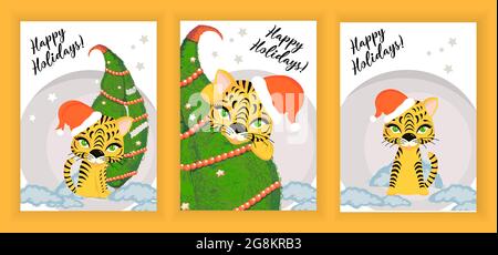 Cartolina felice anno nuovo 2022. Anno della Tiger.Banner per i saluti di Capodanno con una tigre rossa. Capodanno cinese Illustrazione Vettoriale