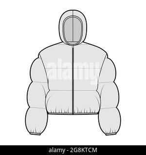 Giacca piumino con cappuccio illustrazione tecnica moda con maniche lunghe, chiusura zip-up, fit boxy, lunghezza del raccolto, trapuntatura larga. Parte anteriore della dima piatta, colore grigio. Donne, uomini top CAD Illustrazione Vettoriale