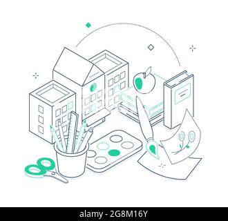 Concetto di istruzione - illustrazione della linea verde e nera su sfondo bianco. Torna a scuola e studia idea. Matita, pennello, vernici, forbici, carta, b Illustrazione Vettoriale