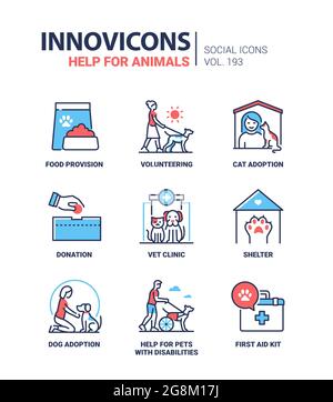 Aiuto per gli animali - moderne icone colorate stile disegno linea. Set rosso e blu. Beneficenza e volontariato per animali domestici. Fornitura di cibo, adozione di gatti e cani, Illustrazione Vettoriale