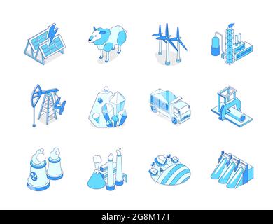 Industria e ambiente - Set di icone isometriche di linea moderne. Attrezzatura industriale e idea di ecologia. Turbine eoliche, pompa dell'olio. Lavorazione del legno, energia nucleare Illustrazione Vettoriale