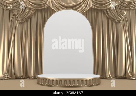 Vittoria vincitore del podio d'oro su sfondo bianco minimal design. Rendering 3D Foto Stock