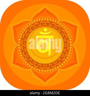 Il secondo chakra di Swadhisthana con il mantra di seme di Sanscrito indù VAM . L'arancione è un simbolo piatto per la meditazione, lo yoga. Illustrazione Foto Stock