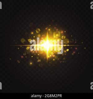 Stelle dorate astratte scintillano, speciale illustrazione vettoriale dell'effetto di luce. Esplosione magica astratta e lucente con lenti flash glares, scintilla luce stellare con brillante oro glint su sfondo scuro Illustrazione Vettoriale