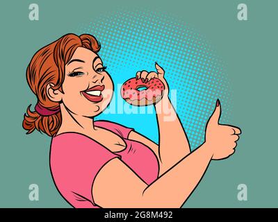 una donna mangia una ciambella. Deliziosi prodotti dolciari. Come il gesto Illustrazione Vettoriale