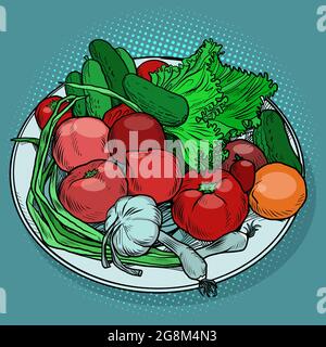 verdure fresche su un piatto di pomodoro aglio cipolla insalata di cetrioli Illustrazione Vettoriale