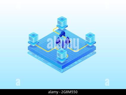 Concetto di data center IT ecocompatibile. Illustrazione vettoriale 3D isometrica di server farm alimentati da energia sostenibile. Illustrazione Vettoriale