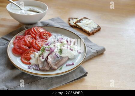 Filetti di aringhe salate tradizionali con salsa alla crema, cipolle rosse, guarnitura aneto e pomodori su un tavolo di legno, spazio copia, fuoco selezionato, profondità ridotta Foto Stock