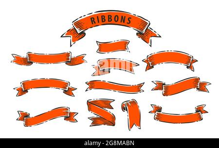 Serie di striscioni per nastro. Elemento di design disegnato a mano in stile vintage Illustrazione Vettoriale