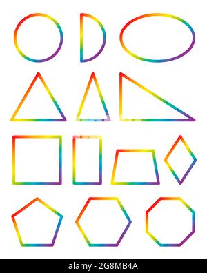 Forme geometriche. Cerchio arcobaleno, semicerchio, ellisse, equilatero, isoscele e triangolo destro, quadrato, rettangolo, trapezio, rombo. Foto Stock