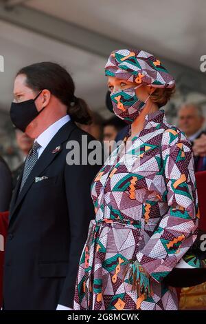 Jim o'Hare, marito di Delphine Boel, e la principessa Delphine hanno ritratto durante la parata militare e civile del giorno nazionale belga, a Bruxelles, noi Foto Stock