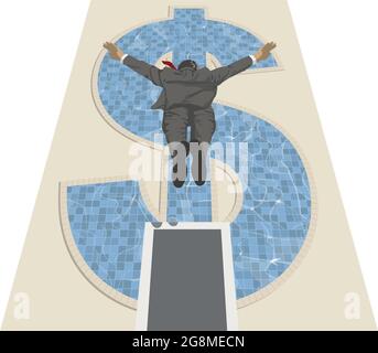 Illustrazione vettoriale di un uomo d'affari completamente vestito che tuffa da un alto bordo diving in una piscina a forma di dollaro Illustrazione Vettoriale