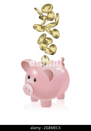 Illustrazione vettoriale dei dollari americani come monete d'oro che cadono in una banca piggy Illustrazione Vettoriale