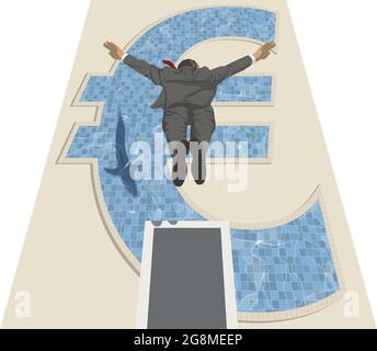 Illustrazione vettoriale di un uomo d'affari completamente vestito che si tuffa da un'alta tavola di immersione in una piscina a forma di euro in cui uno squalo sta nuotando Illustrazione Vettoriale