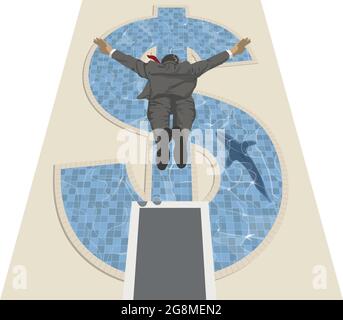 Illustrazione vettoriale di un uomo d'affari completamente vestito che tuffa da un alto bordo di immersione in una piscina a forma di dollaro in cui uno squalo sta nuotando Illustrazione Vettoriale