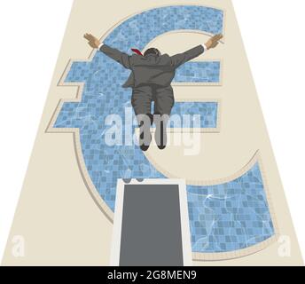 Illustrazione vettoriale di un uomo d'affari completamente vestito che tuffa in una piscina euro-a forma da un'alta tavola di diving Illustrazione Vettoriale