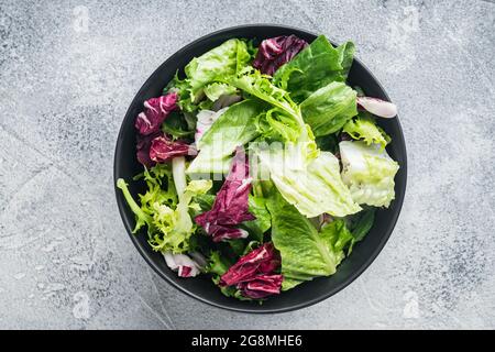 Fregio, insalata di lattuga romaine e Radicchio, su sfondo grigio, vista dall'alto piatto Foto Stock
