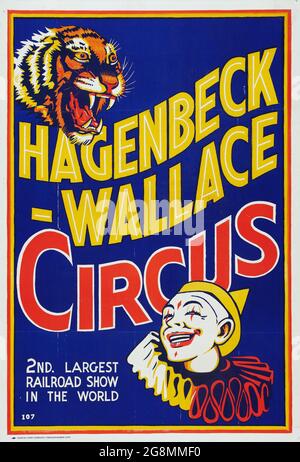 Poster del Circus d'epoca: Hagenbeck-Wallace Circus. 2° più grande fiera ferroviaria del mondo. 1937. Una tigre e un clown. Foto Stock