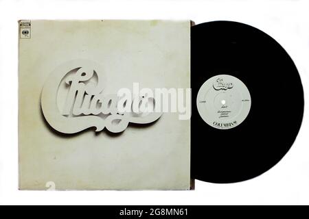 Rock band, album musicale di Chicago su disco LP con dischi in vinile. Intitolato: Chicago alla copertina live dell'album Carnegie Hall Foto Stock