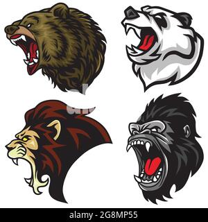 Animali selvatici teste set. Lion, Bear, Gorilla, Panda Vector Mascot Design Illustrazione Illustrazione Vettoriale