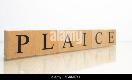 Il nome Plaice è stato creato da cubi di legno lettera. Frutti di mare e cibo. Primo piano. Foto Stock