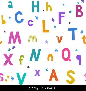 Motivo senza cuciture con lettere e stelle colorate disegnate a mano per bambini e design e accessori per bambini. Illustrazione Vettoriale