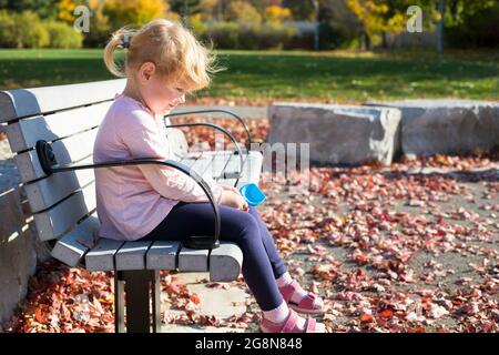 Bambino che gioca con le foglie in autunno, bambina seduta sulla panchina durante una calda e luminosa giornata di sole nel parco pubblico locale Foto Stock