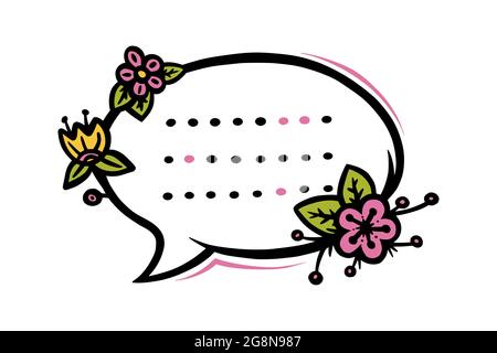Bolla di parlato circolare floreale o etichetta per la decorazione di album. Cornice con fiori per testo o messaggio. Illustrazione vettoriale di Doodle isolata in bianco Illustrazione Vettoriale