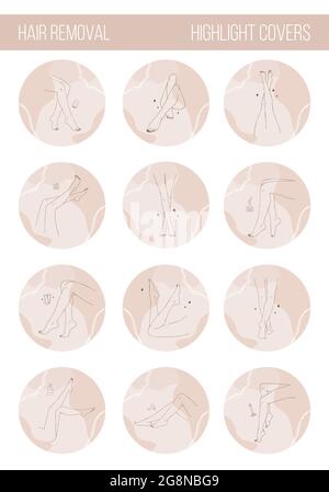 Rimozione dei peli. Serie di copertine per i social media. Illustrazione vettoriale di eleganti gambe femminili in stile lineart alla moda. Logo di bellezza per Illustrazione Vettoriale