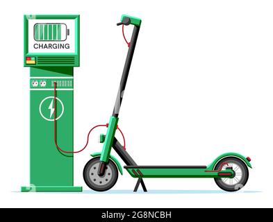 Scooter elettrico e stazione di carica isolati. Illustrazione Vettoriale
