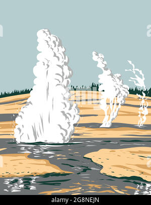 Poster WPA del Norris Geyser Basin le aree termali o geotermiche più calde, antiche e dinamiche di Yellowstone nel Parco Nazionale di Yellowstone W. Illustrazione Vettoriale