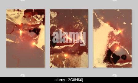 Set in marmo con sfondi in oro, rosso chiaro e nero con texture. Motivo Geode con glitter. Retrogiri vettoriali astratti in tecnica fluida di inchiostro alcolico tecn Illustrazione Vettoriale