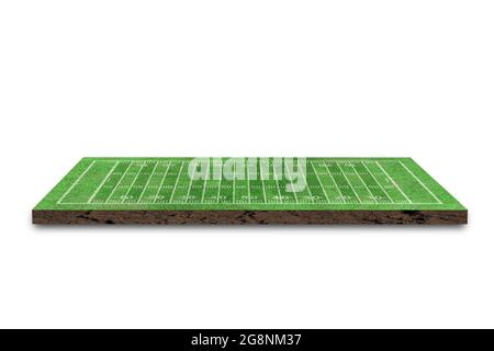 Campo da calcio americano con motivo a linee su sfondo bianco. Rendering 3D Foto Stock