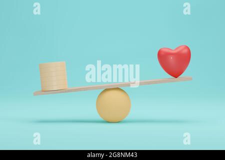 Concetto di bilancia cuore e denaro. Importanza tra la moneta d'oro e l'equilibrio d'amore su scala. Rendering 3D. Foto Stock