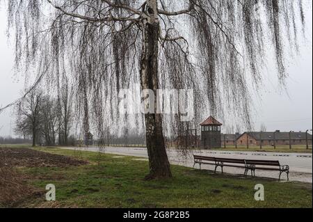16.03.2015, Auschwitz, Polonia minore, Polonia, Europa - Vista dall'esterno dell'ex campo di concentramento di Auschwitz II a Birkenau. Foto Stock