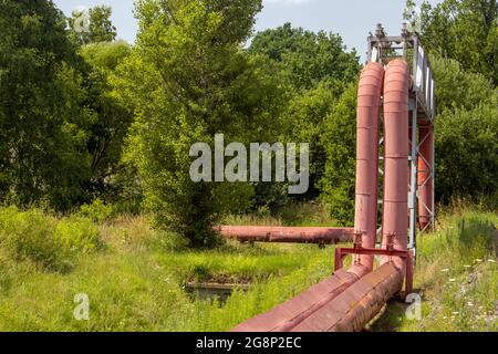 Acqua calda - tubi di vapore con ponte nella natura estiva Foto Stock