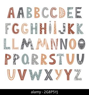 Alfabeto astratto in stile scandinavo. Diverse varianti di lettere per fare la scelta migliore. Carattere per bambini per arredamento domestico, arte della parete, poster delle citazioni, schede e. Illustrazione Vettoriale