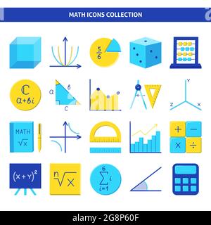 Icona matematica impostata in stile piatto. Insieme di simboli ed espressioni matematiche. Illustrazione vettoriale. Illustrazione Vettoriale