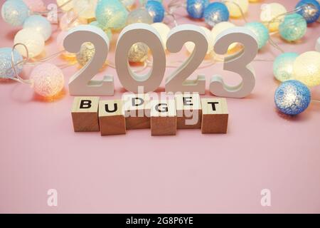 Budget: 2023 lettere alfabetiche su sfondo rosa Foto Stock