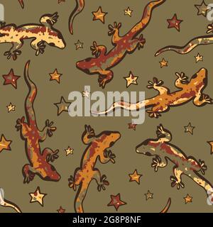 Pattern vettoriale senza giunture con lucertole e stelle su sfondo marrone. Wildlife African carta da parati design. Tessuto di moda gecko divertente. Illustrazione Vettoriale